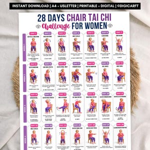 Könnte beinhalten: Ein 28-Tage-Stuhl-Tai-Chi-Challenge-Plan mit einem Raster aus 28 täglichen Übungsanleitungen. Jedes Feld enthält einen nummerierten Tag, einen Titel, eine kleine Abbildung einer Person auf einem Stuhl und beschreibenden Text.