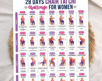 28 days tai chi chair workout chart for  women,flexibility exercises,chair yoga for seniors,seated workout poster,28 days workout challenge
