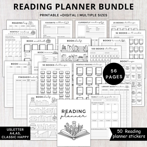 Book Reading planner bundle printable,Reading planner 2024,printable reading challenge,Book review log book,Monthly Reading journal minimal