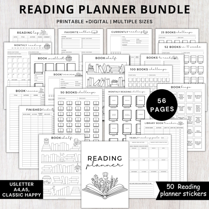 Book Reading planner bundle printable,Reading planner 2024,printable reading challenge,Book review log book,Monthly Reading journal minimal image 1