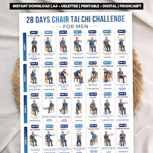 Può includere: Un grafico stampabile bianco intitolato 28 DAYS CHAIR TAI CHI CHALLENGE FOR MEN, con una griglia di 28 illustrazioni di esercizi quotidiani. Ogni riquadro mostra una persona con camicia blu e pantaloni grigi che esegue esercizi da seduto.