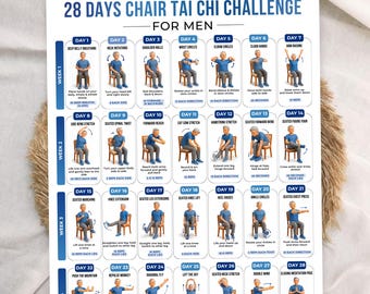 28 days tai chi challenge for men,tai chi for seniors,balance exercises for elderly print,chair workout for senior men,seated workout poster
