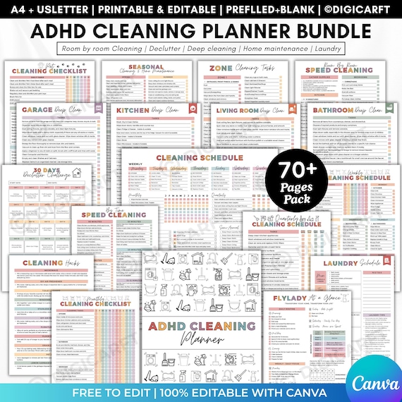 ADHD cleaning planner bundle,Home cleaning schedule editable canva,Monthly Cleaning Checklist pdf,30 days Declutter,Family Chore Chart kids