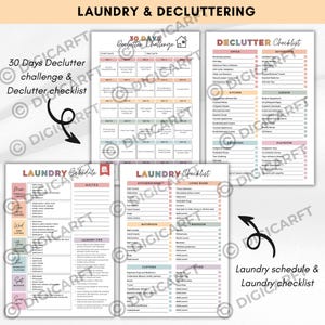 K&ouml;nnte beinhalten: Sammlung druckbarer Checklisten und Zeitpl&auml;ne f&uuml;r die Organisation zu Hause. Enth&auml;lt eine 30-Tage-Entr&uuml;mpelungs-Challenge, einen W&auml;scheplan und Checklisten f&uuml;r verschiedene R&auml;ume. Die Seiten sind in Pastellfarben gehalten.
