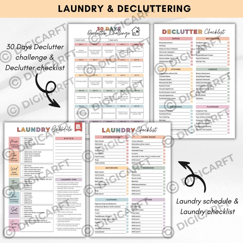 K&ouml;nnte beinhalten: Sammlung druckbarer Checklisten und Zeitpl&auml;ne f&uuml;r die Organisation zu Hause. Enth&auml;lt eine 30-Tage-Entr&uuml;mpelungs-Challenge, einen W&auml;scheplan und Checklisten f&uuml;r verschiedene R&auml;ume. Die Seiten sind in Pastellfarben gehalten.