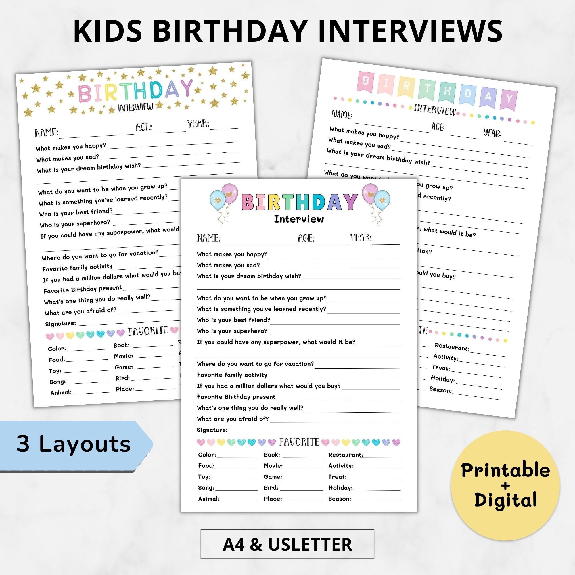 Printable Birthday interview Kids Birthday interview form printable,Birthday keepsake digital,Birthday questionnaire,Birthday games for kids