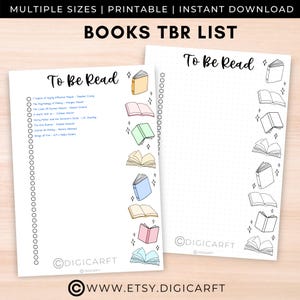 Peut inclure: Liste de livres à lire imprimable avec un fond à pois et une bordure de livres ouverts avec des étoiles. La liste porte le titre "To Be Read" et le texte "BOOKS TBR LIST" en haut. Le bas de la liste porte le texte "DIGICARFT" et "WWW.ETSY.DIGICARFT".