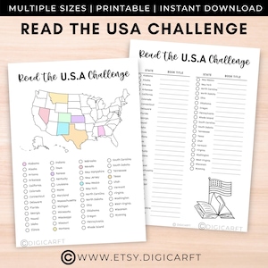 Op de afbeelding: Twee afdrukbare werkbladen met de titel "Read the U.S.A Challenge". Eén bevat een kaart van de VS met staten in kleur gemarkeerd. De andere heeft een lijst met staten met ruimte voor boektitels. De tekst "Read the U.S.A Challenge" staat bovenaan.