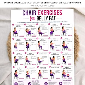 May include: A printable digital chart titled CHAIR EXERCISES for BELLY FAT, featuring 20 numbered illustrations of a person in purple athletic wear performing seated exercises on a chair, with instructional text and target muscle groups listed.