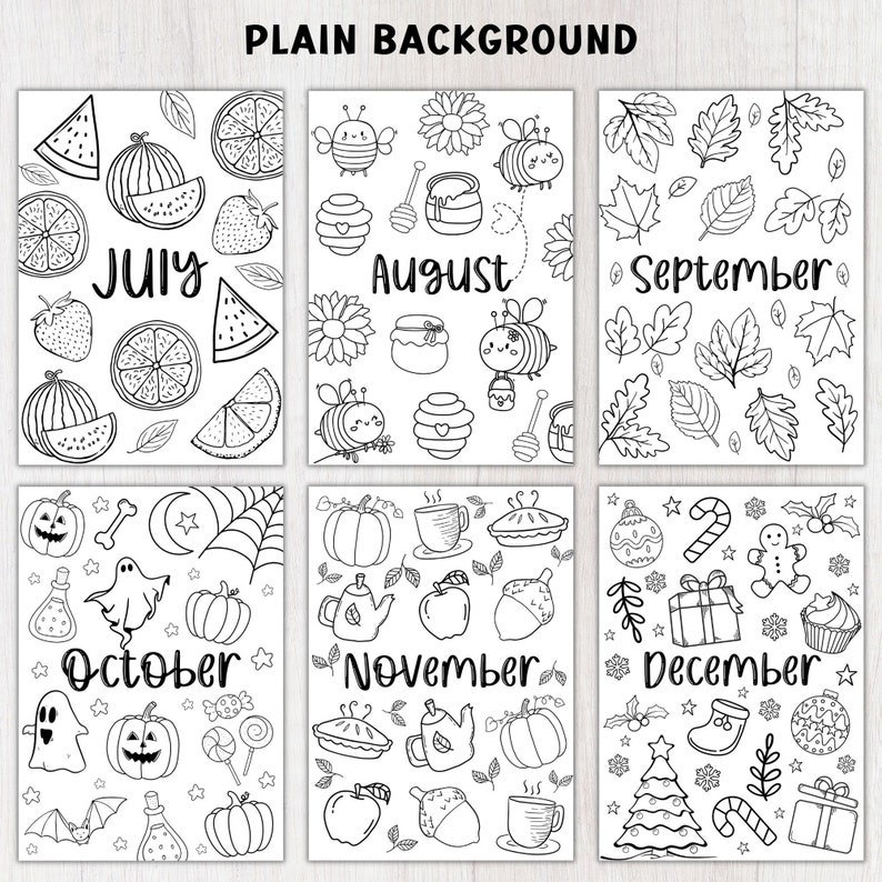 Puede incluir: P&aacute;ginas para colorear imprimibles en blanco y negro con ilustraciones de varios temas estacionales para cada mes del a&ntilde;o. Los meses son julio, agosto, septiembre, octubre, noviembre y diciembre.