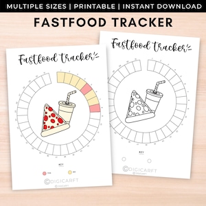 May include: Printable fast food tracker with a pizza and soda graphic. The tracker is a circle with 30 sections. Each section can be colored in to track fast food consumption. The key shows a red section for "yes" and a yellow section for "no".