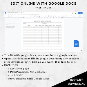 May include: A black and white printable employee work schedule template. The template is designed for a week, with columns for each day of the week, and rows for employee names, departments, and notes. The template is 8.5 inches by 11 inches and is 100% editable with Google Docs.
