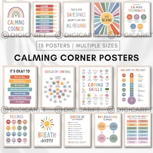 May include: A collection of 15 framed posters with calming affirmations and techniques. The posters feature colorful designs, including rainbows, suns, and text like "Just Be Kind" and "Safe Space." Ideal for creating a calming corner.