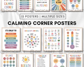 May include: A collection of 15 framed posters with calming affirmations and techniques. The posters feature colorful designs, including rainbows, suns, and text like "Just Be Kind" and "Safe Space." Ideal for creating a calming corner.