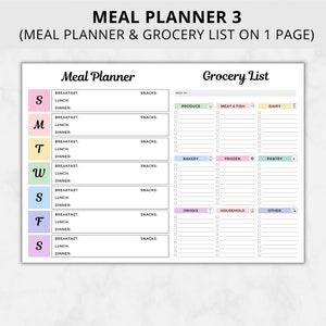 Peut inclure: Un mod&egrave;le imprimable de planificateur de repas et de liste d'&eacute;picerie. Le planificateur est divis&eacute; en jours de la semaine, avec des sections pour le petit-d&eacute;jeuner, le d&eacute;jeuner, le d&icirc;ner et les collations. La liste d'&eacute;picerie est divis&eacute;e en cat&eacute;gories, notamment les produits frais, la viande et le poisson, les produits laitiers, la boulangerie, les produits surgel&eacute;s, le garde-manger, les boissons, les produits m&eacute;nagers et autres.