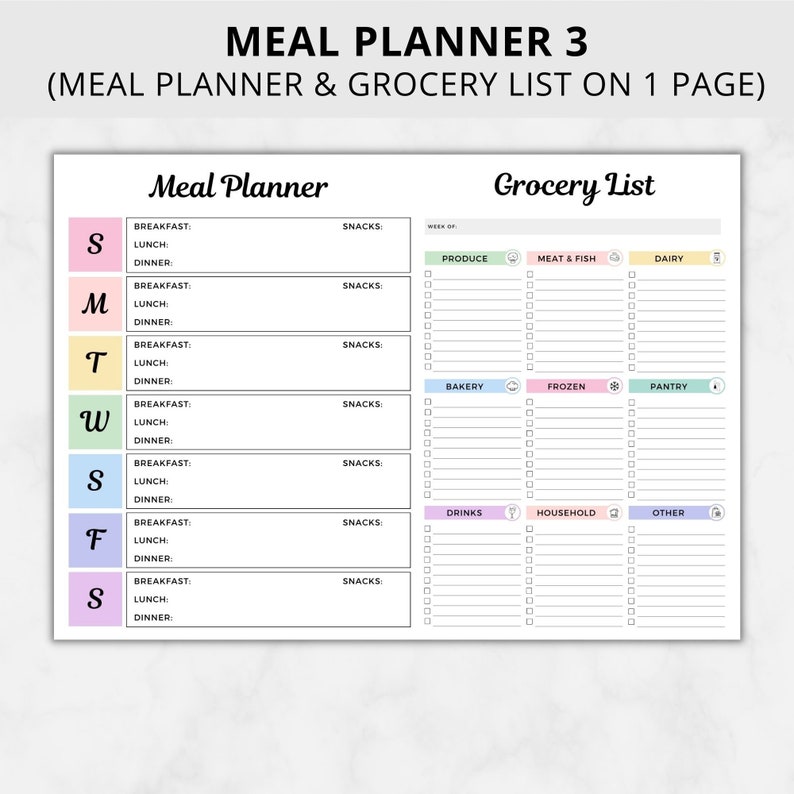 Peut inclure: Un mod&egrave;le imprimable de planificateur de repas et de liste d'&eacute;picerie. Le planificateur est divis&eacute; en jours de la semaine, avec des sections pour le petit-d&eacute;jeuner, le d&eacute;jeuner, le d&icirc;ner et les collations. La liste d'&eacute;picerie est divis&eacute;e en cat&eacute;gories, notamment les produits frais, la viande et le poisson, les produits laitiers, la boulangerie, les produits surgel&eacute;s, le garde-manger, les boissons, les produits m&eacute;nagers et autres.