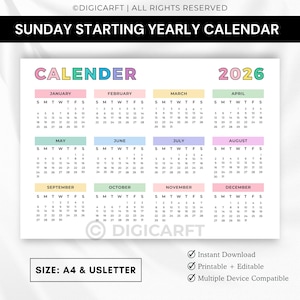 2026 year at a glance calendar printable,Rainbow yearly planner 2026 inserts pdf,Full year calendar poster 2026,2026 wall calendar template