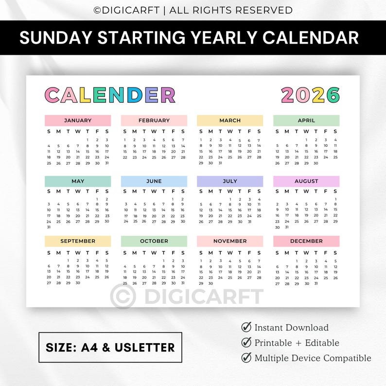 2026 year at a glance calendar printable,Rainbow yearly planner 2026 inserts pdf,Full year calendar poster 2026,2026 wall calendar template