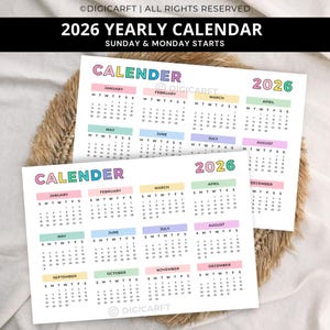 May include: Two 2026 yearly calendars with a colorful design. Each month is in a different pastel color. The word "CALENDAR" is at the top, and the year "2026" is in green. The calendars start on Sunday and Monday.