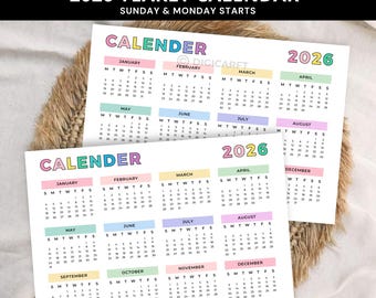 Jaarkalender 2026 in één oogopslag afdrukbaar, Rainbow jaarplanner 2026 inserts pdf, jaarkalender poster 2026,2026 wandkalendersjabloon