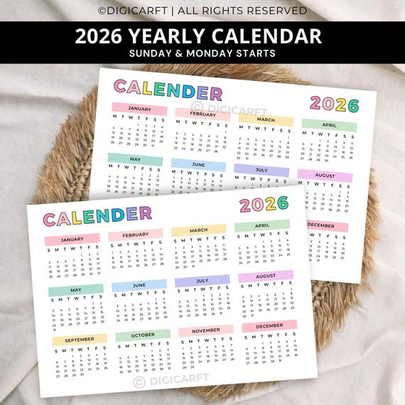 2026 year at a glance calendar printable,Rainbow yearly planner 2026 inserts pdf,Full year calendar poster 2026,2026 wall calendar template