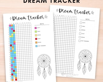 May include: Printable dream tracker with a black and white dreamcatcher illustration. The tracker has a grid with columns for each month of the year and rows for each day of the month. There is a key with color-coded boxes for different dream types: happy, funny, weird, scary, boring, and don't remember.