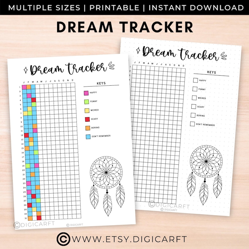 May include: Printable dream tracker featuring a black and white dreamcatcher illustration. The tracker has a grid with columns for each month of the year and rows for each day of the month. A key with colour-coded boxes indicates different dream types: happy, funny, weird, scary, boring, and don't remember.