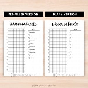 PDF journal download, Monthly reflection pages, Pixel-style habit tracker, Year in pixels design, Annual mood tracker, Printable planner pages, Daily emotion tracker
