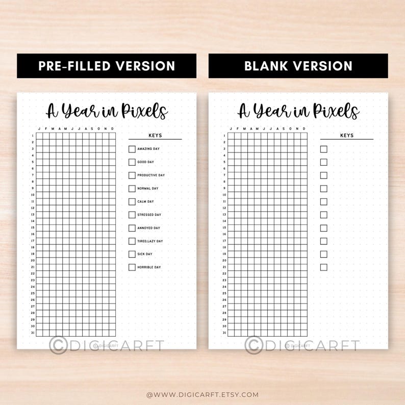 PDF journal download, Monthly reflection pages, Pixel-style habit tracker, Year in pixels design, Annual mood tracker, Printable planner pages, Daily emotion tracker