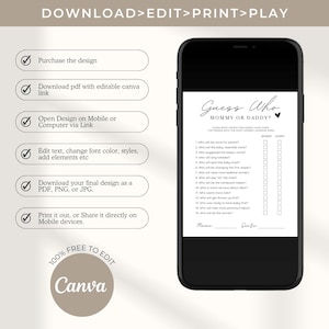 May include: A printable game for a baby shower or gender reveal party. The game is called "Guess Who: Mommy or Daddy?" and asks guests to guess who will be more fun, who will sing lullabies, who will change the first diaper, and more. The game is designed to be printed and played at a party.