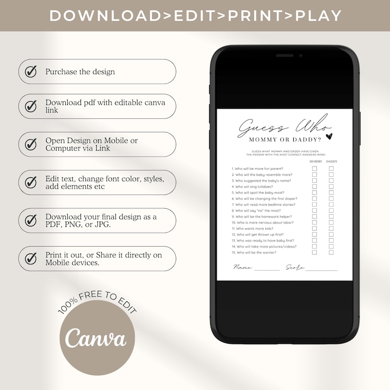 May include: A printable game for a baby shower or gender reveal party. The game is called "Guess Who: Mommy or Daddy?" and asks guests to guess who will be more fun, who will sing lullabies, who will change the first diaper, and more. The game is designed to be printed and played at a party.