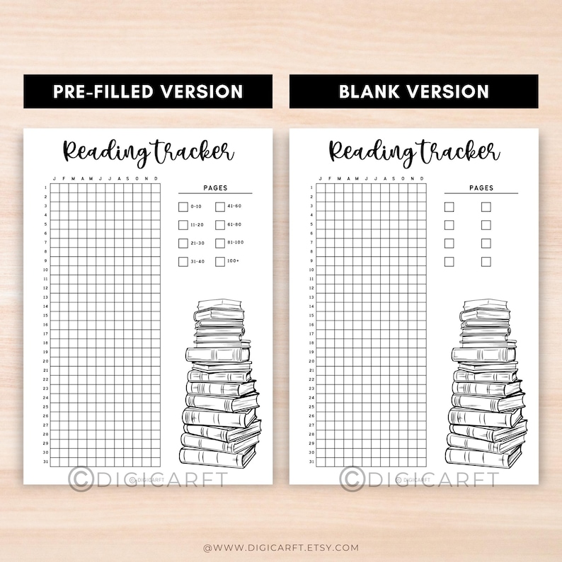 May include: A printable reading tracker with a black and white design. The tracker has a grid for each month of the year and a section for recording the number of pages read. The tracker also features a stack of books.