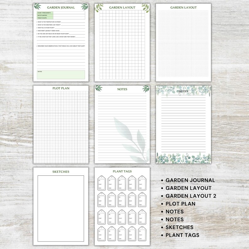 K&ouml;nnte beinhalten: Druckbarer Gartenplaner mit Abschnitten f&uuml;r ein Gartentagebuch, Layout, Grundriss, Notizen, Skizzen und Pflanzen-Etiketten. Die Seiten sind mit gr&uuml;nen Aquarellbl&auml;ttern verziert.