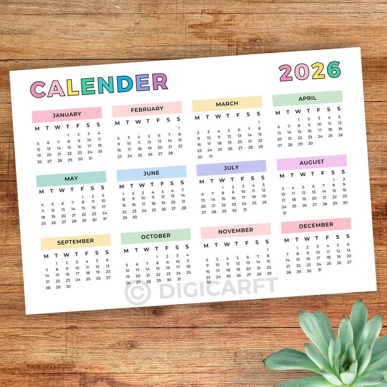 2026 year at a glance calendar printable,Rainbow yearly planner 2026 inserts pdf,Full year calendar poster 2026,2026 wall calendar template