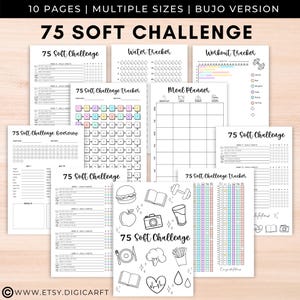 May include: A printable 75 Soft Challenge tracker with 10 pages in multiple sizes. The pages include a water tracker, workout tracker, meal planner, daily habit tracker, and a challenge overview. The pages are black and white with pastel pink, blue, and yellow accents. The pages feature cute illustrations of a burger, apple, camera, glass of water, book, dumbbell, plate, broccoli, french fries, and a heart.