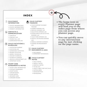 May include: A black and white planner index page with various categories like child custody, finances, and court case agreements. The text includes "Child Basic Information" and "Contacts & Communication". A home icon is in the top right corner.