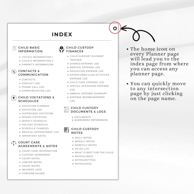 May include: A black and white planner index page with various categories like child custody, finances, and court case agreements. The text includes "Child Basic Information" and "Contacts & Communication". A home icon is in the top right corner.