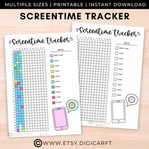 Peut inclure: Suivi du temps d'écran imprimable avec une grille pour chaque mois de l'année. Le suivi comporte une légende avec des carrés de différentes couleurs représentant différentes durées d'utilisation de l'écran, de moins d'une heure à 8 heures ou plus. Le suivi comprend également une illustration mignonne d'un smartphone avec une horloge.