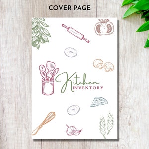 May include: A white cover page with the text "Kitchen Inventory" in green script. The page is decorated with various kitchen-related illustrations, including a rolling pin, a jar of utensils, a tomato, a pizza slice, a garlic clove, wheat stalks, and bagels.