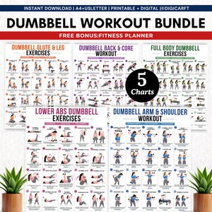 Op de afbeelding: Een digitaal dumbbell workout pakket met vijf instructiekaarten met oefenillustraties en tekst. De kaarten zijn getiteld Dumbbell Glute & Leg, Back & Core, Full Body, Lower Abs en Arm & Shoulder Exercises, inclusief een 5 Charts label.