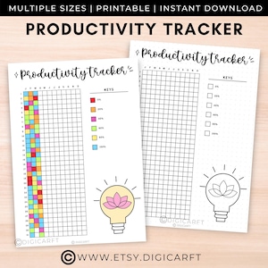 May include: Two printable productivity tracker pages with a light bulb graphic. The left page has a color key for tracking progress. The right page has a blank grid for tracking.