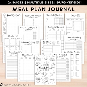 Weekly Meal planner and grocery list template printable,Recipe page bullet journal a5,Food tracker journal,Daily meal log,Kitchen inventory