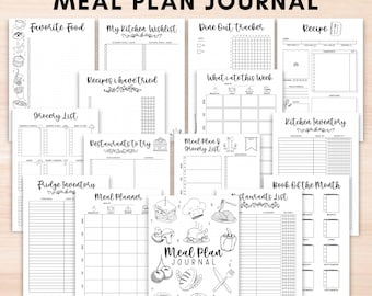 Planificateur de repas hebdomadaire et modèle de liste de courses à imprimer, bullet journal de la page de recettes a5, journal de suivi des aliments, journal des repas quotidiens, inventaire de la cuisine