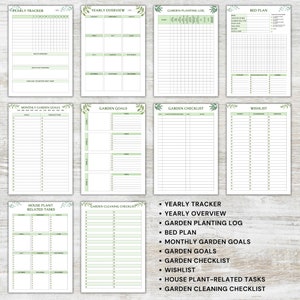 K&ouml;nnte beinhalten: Druckbarer Gartenplaner mit gr&uuml;nem Aquarell-Blumendesign. Der Planer enth&auml;lt Seiten f&uuml;r die j&auml;hrliche Verfolgung, monatliche Gartenziele, Garten-Checklisten und mehr.