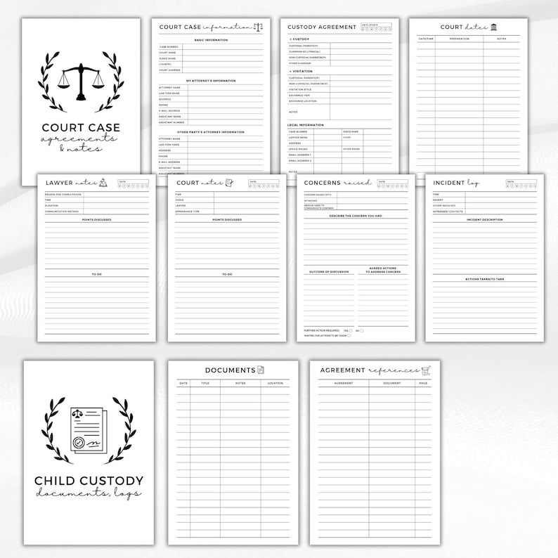 May include: A collection of white paper documents with black text, designed for legal and court-related use. The documents include forms for court cases, custody agreements, and incident logs. The image also features decorative elements like scales of justice and laurel wreaths.