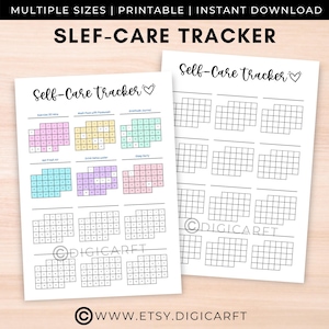 Pode incluir: Dois rastreadores de autocuidado imprimíveis em uma superfície de madeira clara. O rastreador esquerdo tem caixas coloridas para rastrear hábitos como exercícios e diário. O rastreador direito é um modelo em branco. O texto inclui "SELF-CARE TRACKER" e "WWW.ETSY.DIGICARFT".