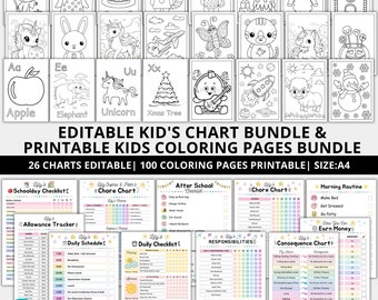 Editable chore chart for multiple Kids daily checklist canva,editable responsibility chart bundle,daily routine chart for kids printable pdf