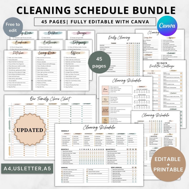 Ultimate Cleaning schedule bundle editable,Cleaning Planner Bundle,Weekly,Monthly,Yearly Cleaning Checklist,30 Declutter,Family Chore Chart image 1