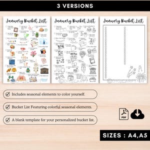 A4 monthly to-do template, A5 bullet journal inserts, January bucket list printable, February bullet journal pages, March digital bucket list, April seasonal planner