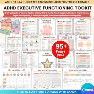 Kids adhd Executive Functioning Toolkit,Daily routine Chore Chart Editable Canva,Weekly Behavior tracker,Reward charts pdf,coping strategies